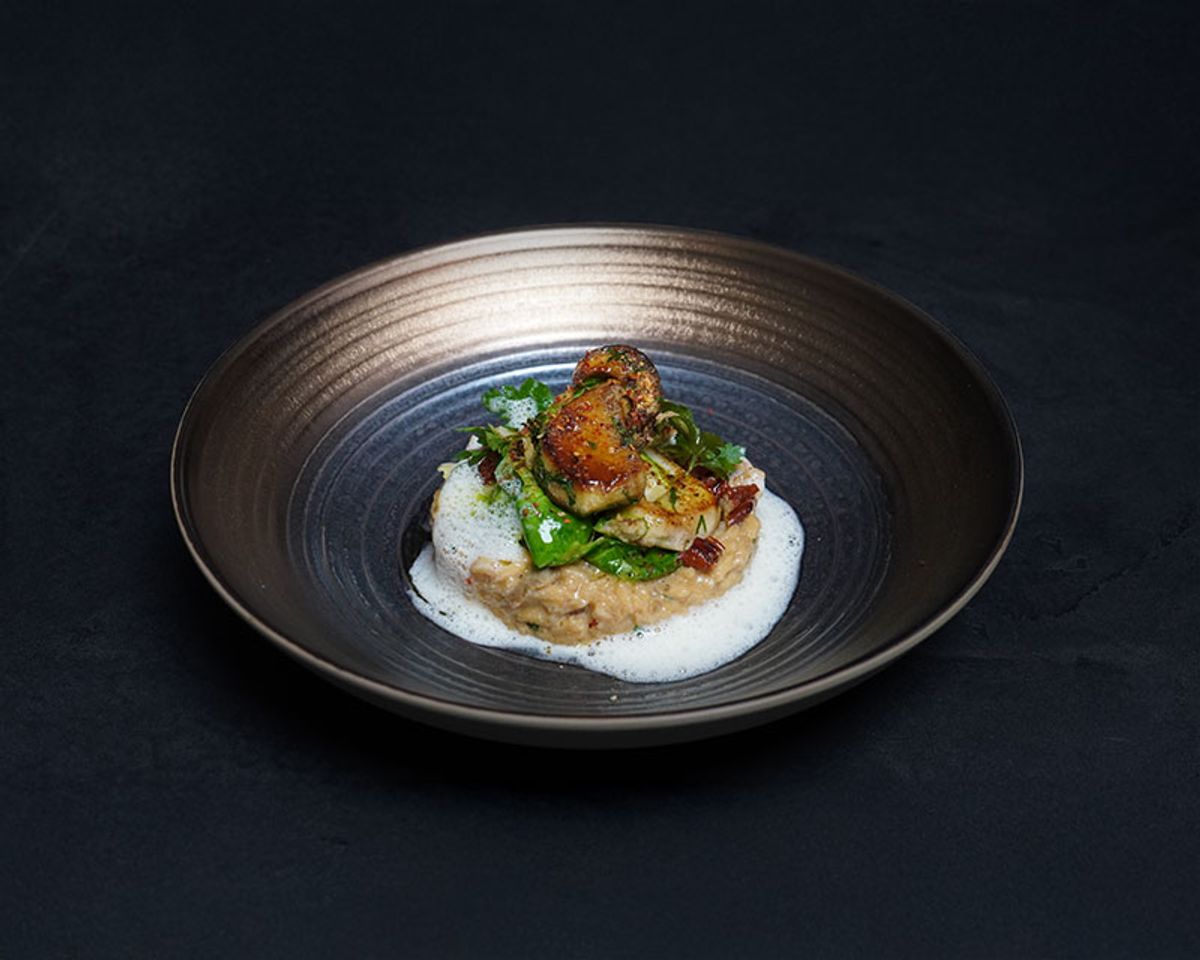 Steinpilz-Risotto mit Pekanüssen, Ingwer, Rosenkohl und Champagnerschaum