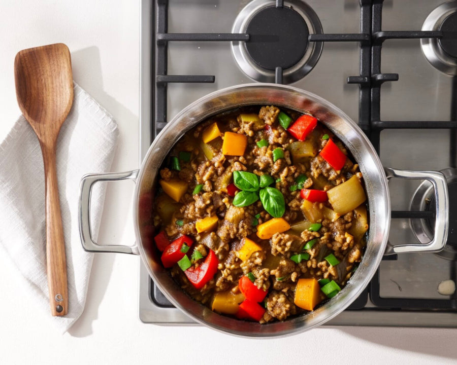 Piatto rustico con carne macinata, patate e peperoni